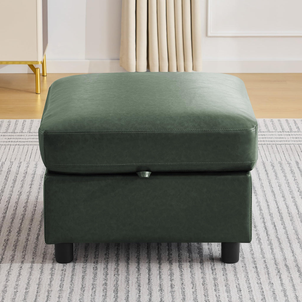 25" Faux Leather Square Storage Ottoman for Modular Sectional Sofa, Green