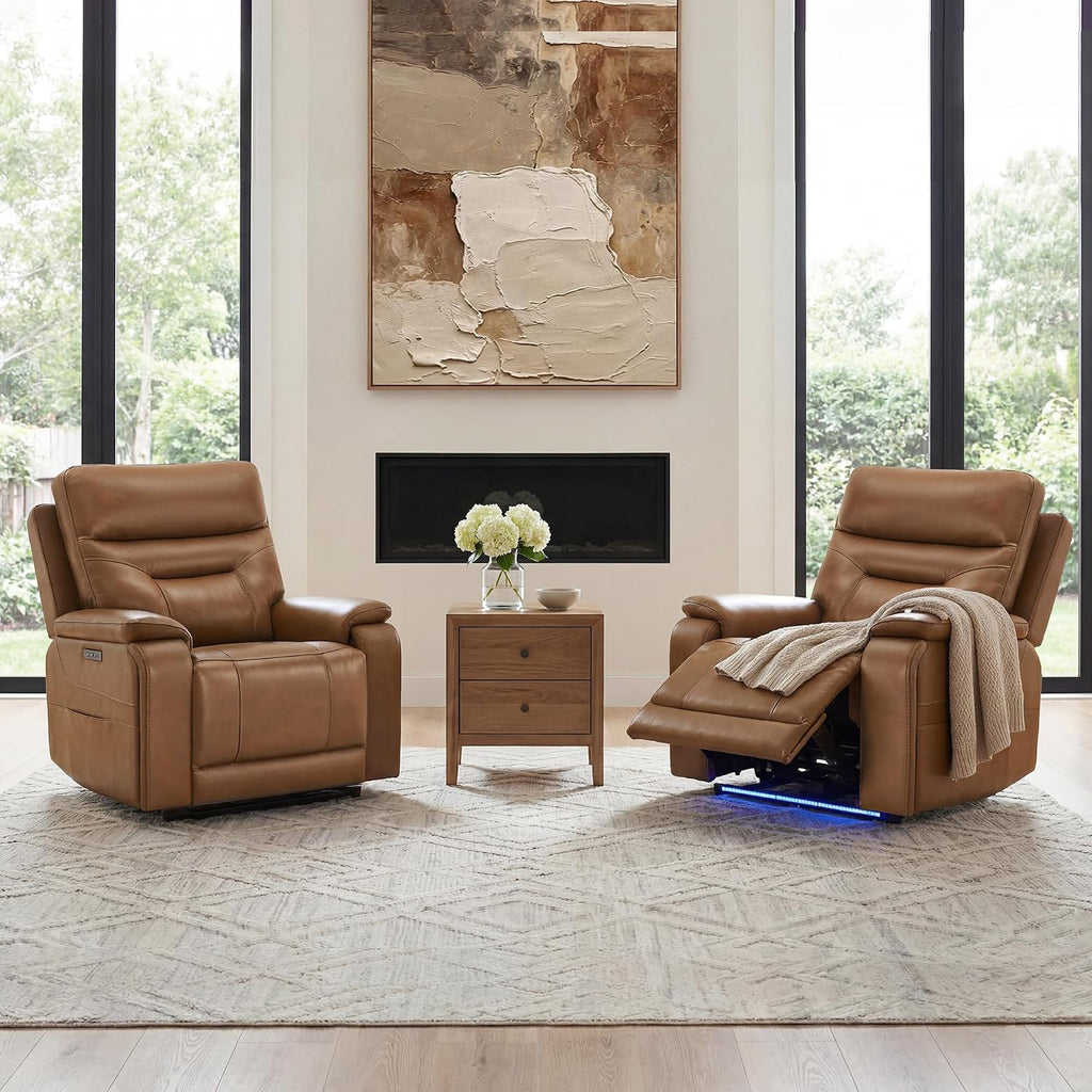 Power Recliner Chair with LED Light, 165° Lay Flat Recliner with USB & Type-C Charging Ports, Genuine Leather