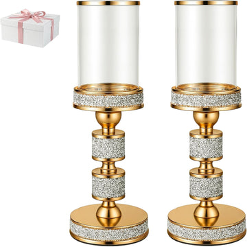 Hurricane Candle Holder, 13.5" Tall Metal Candle Stand, Glass Pillar Candle Holders, Crystal Gold Decorative
