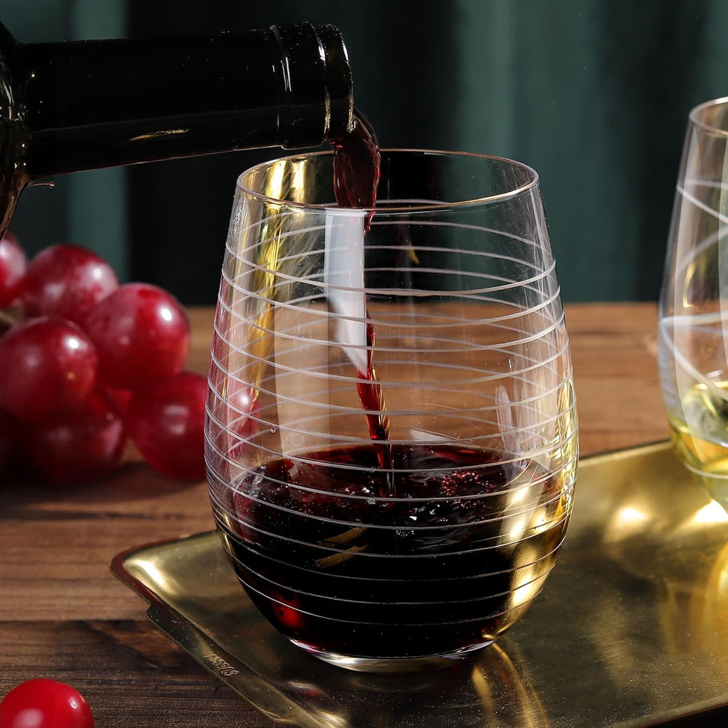 Hand Blown Etched Stemless Wine Glasses with Dots Strips Pattern for Red Wine,Large Carved Drinking Glass Cups