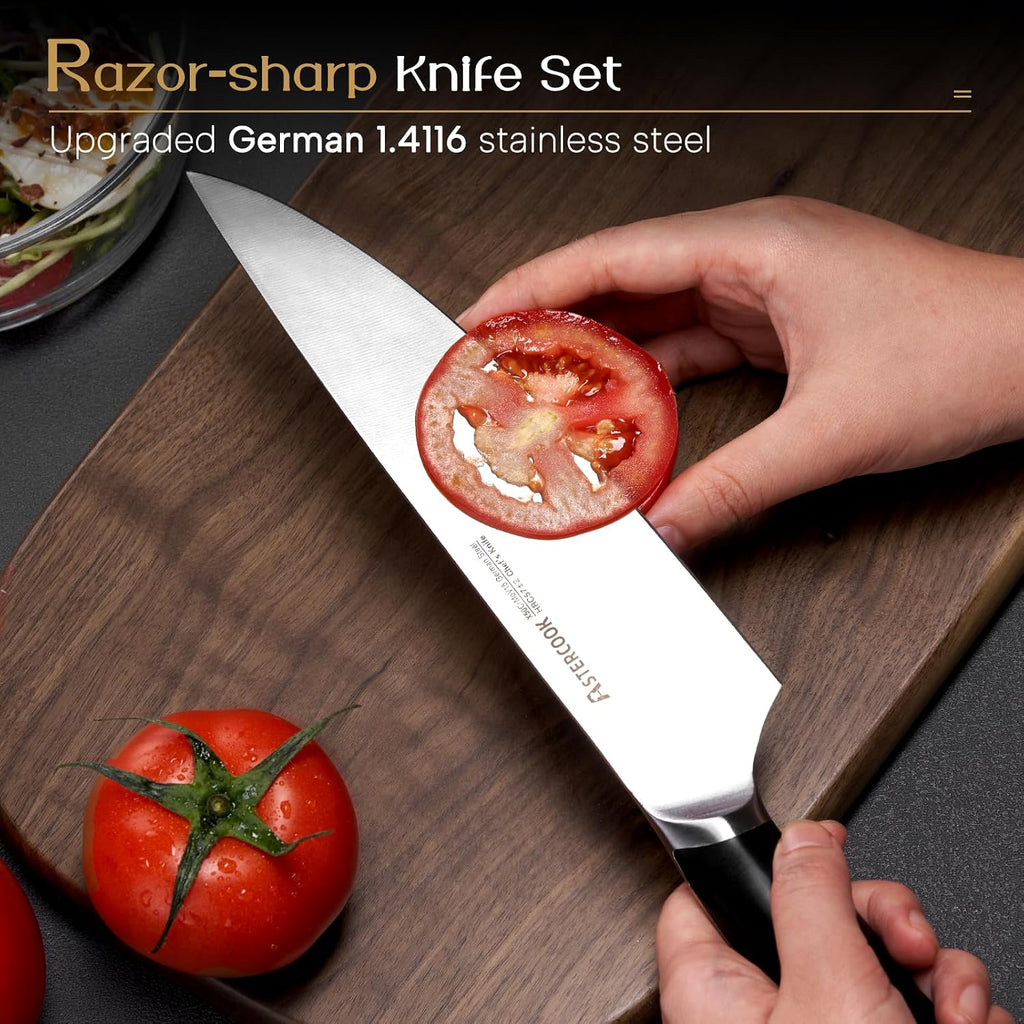 Knife Set, Kitchen Knives Set with Block and Dual Sharpener Full Tang 15 Pcs German Stainless Steel Knives Sharp