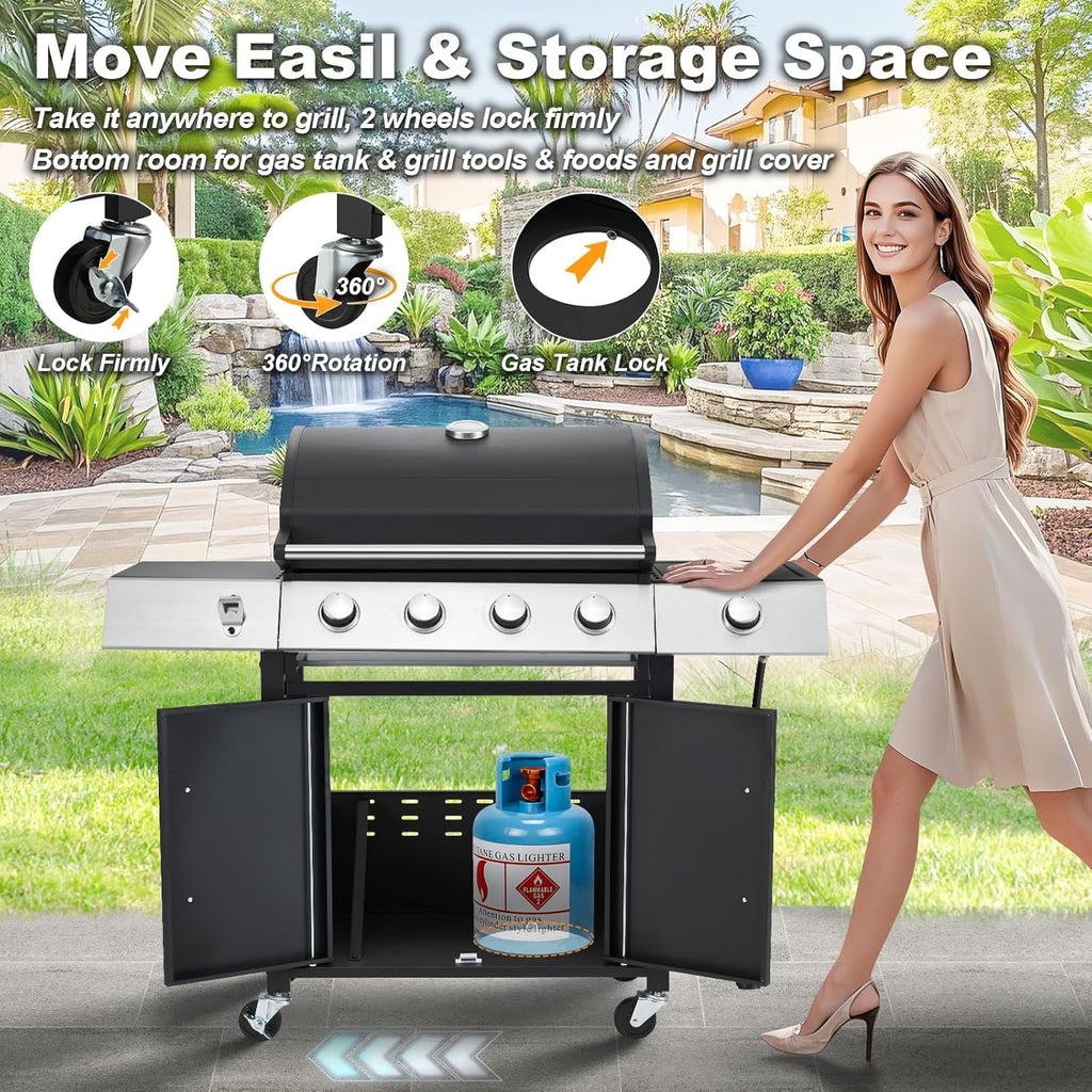 4-Burner Propane Gas Grill, 44,000 BTU BBQ Grill with Side Burner and Cast Iron Grates, Stainless Steel Outdoor Grill for Patio and Camping