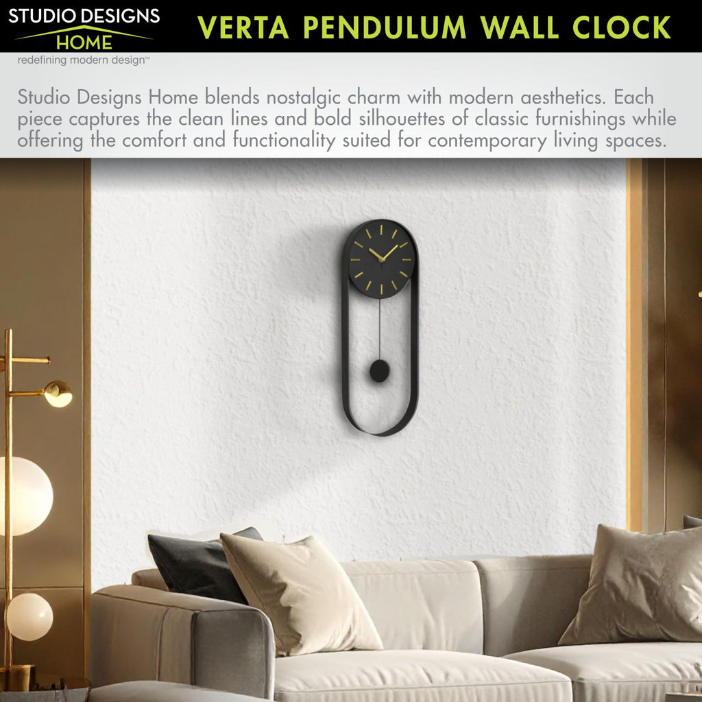 Modern Pendulum Wall Clock, Minimalist Black Iron Wall Clock with Gold Accents, Quartz Movement, Swinging Pendulum
