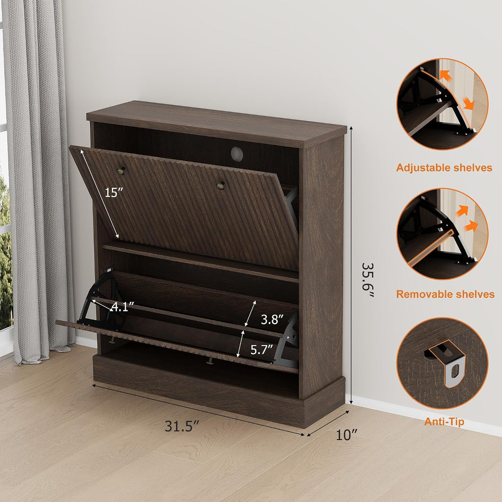 Fluted Shoe Cabinet with 2 Flip Drawers, Narrow Cabinet with Adjustable Shelves and Elegant Handles, Wooden Shoe