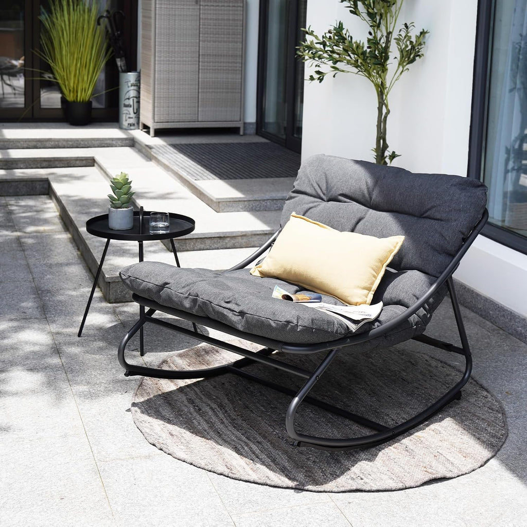 Rocking Chair with Cushion for Indoor and Outdoor, Dark Grey | Metal Patio Lounge Rocking Chair with Thick Cushion