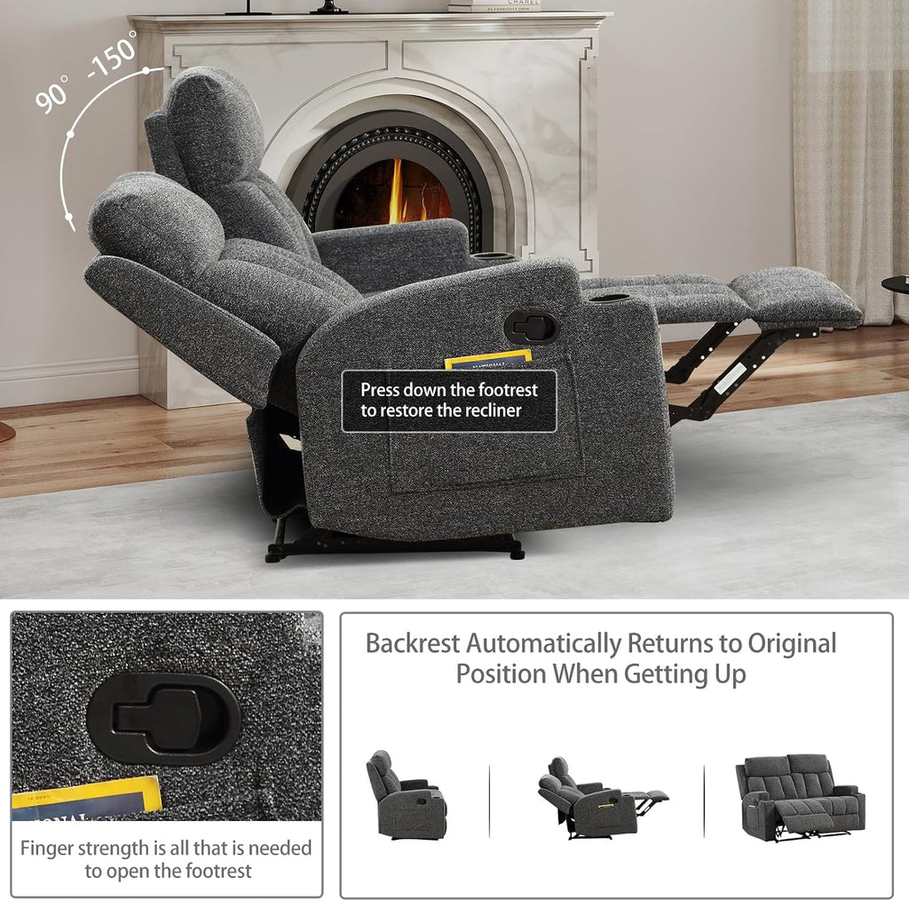 Manual Recliner Sofa Set, Fabric Home Theater Seating with Side Pockets and Cup Holders