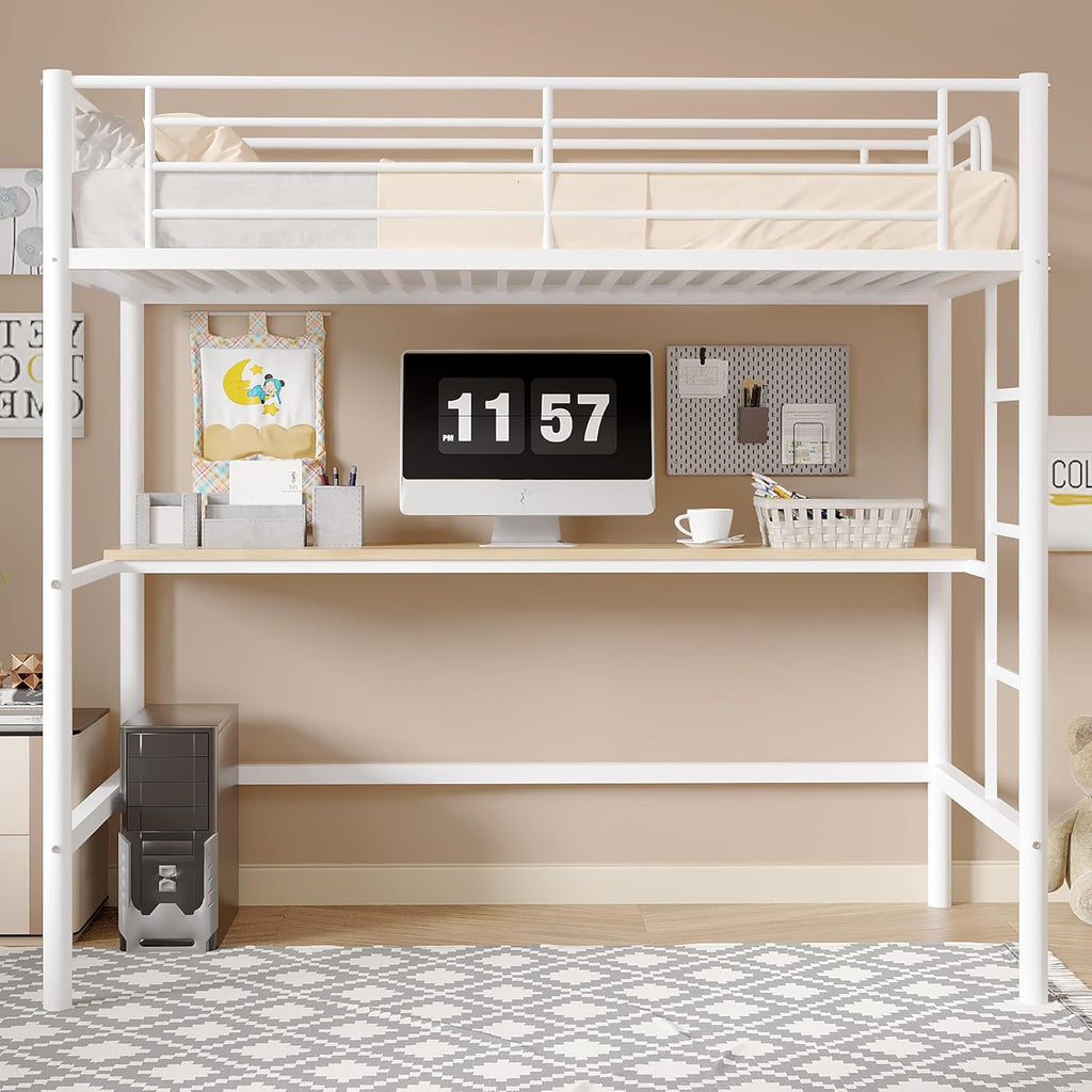 Loft Bed Twin with Desk, Metal Bedframe with Removable Ladder and Safety Guardrail, No Box Spring Needed, Space Saving