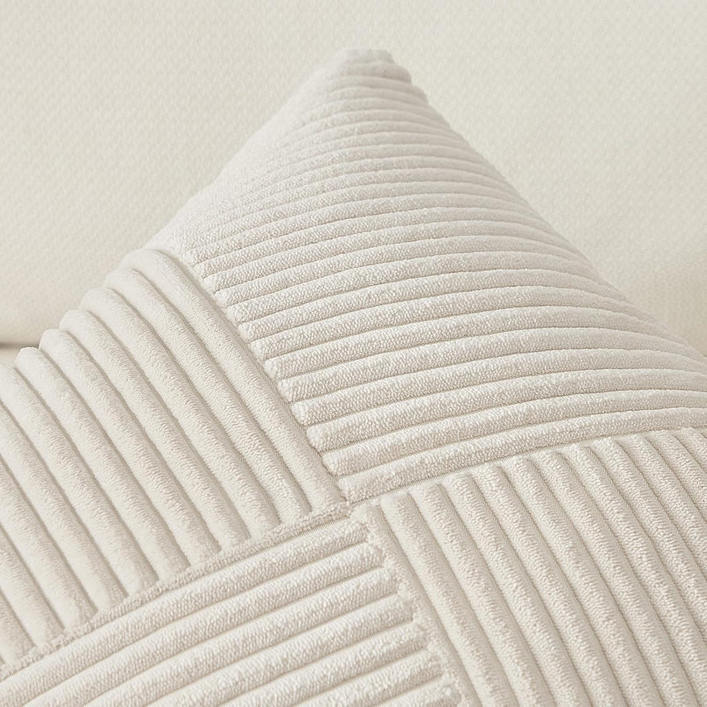 Cream White Decorative Neutral Throw Pillow Covers 18x18 Inch, Soft Corduroy Striped Patchwork Windmill Textured