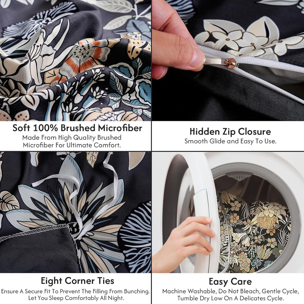 Flower 3 Pcs Duvet Cover Set, Breathable Soft Microfiber Black Lining Comforter Cover with Zipper Closure, and