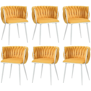 Velvet Dining Chairs Set of 6 with White Metal Legs, Yellow