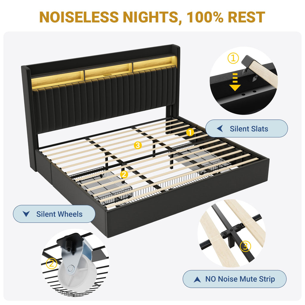 King Upholstered Platform Bed Frame with 3 Spacious Storage Drawers, Built-in LED Lights & Charging Station, Vertical