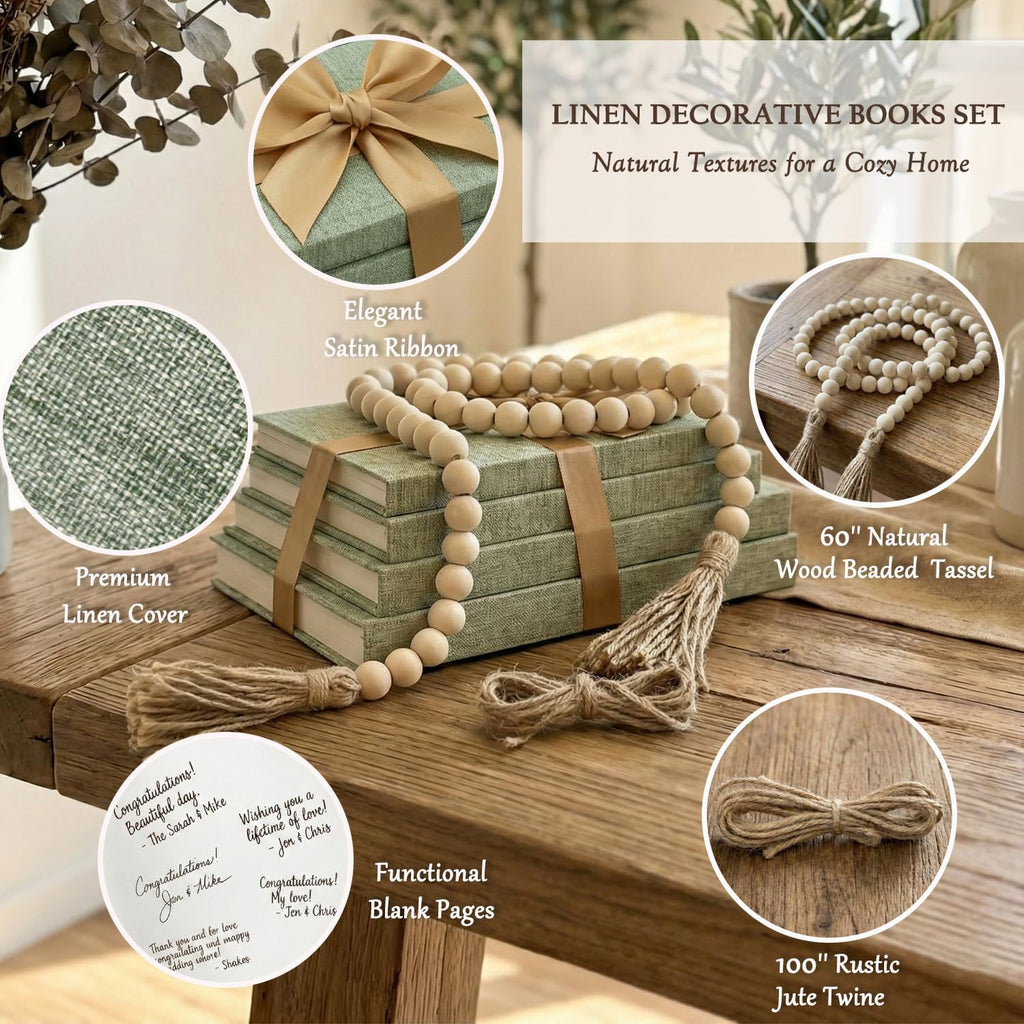 Decorative Books Decor-Set of 4 Real Linen Decorative Books, Stacked Books with Wood Bead Garland, Jute Twine & Satin