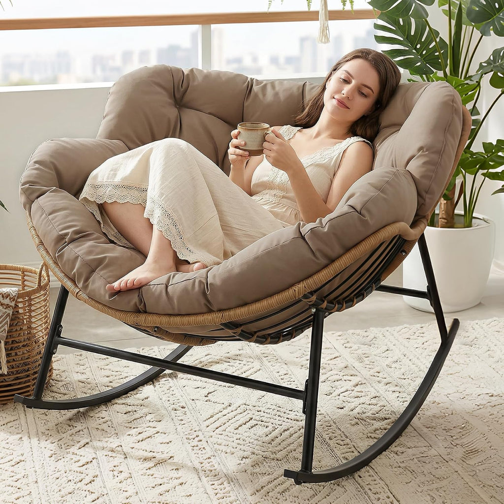 Outdoor Papasan Rocking Chair, Oversized Egg Patio Lounge Chair | 450 Lbs Capacity, Large Size, Brown Rattan Frame