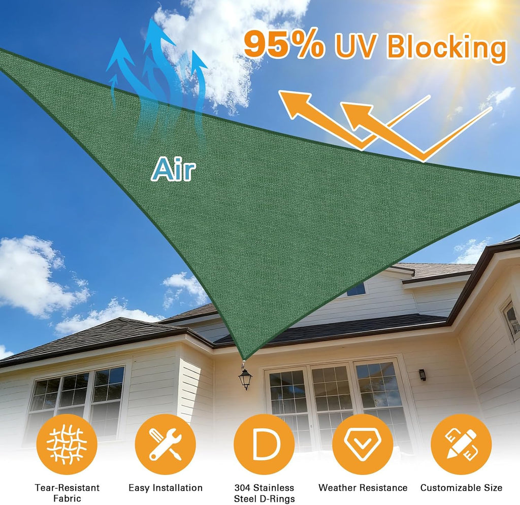Sun Shade Sail 6' X 8' X 10' Dark Green Triangle Canopy Awning Fabric Mesh 95% UV Blockage, Water & Air Permeable