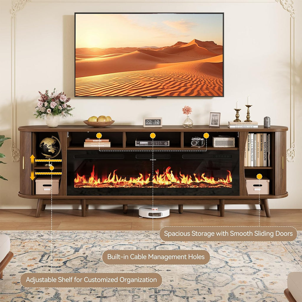 97" Fireplace TV Stand for 100" TV, Mid Century Modern Entertainment Center with 60" Electric Fireplace, Media