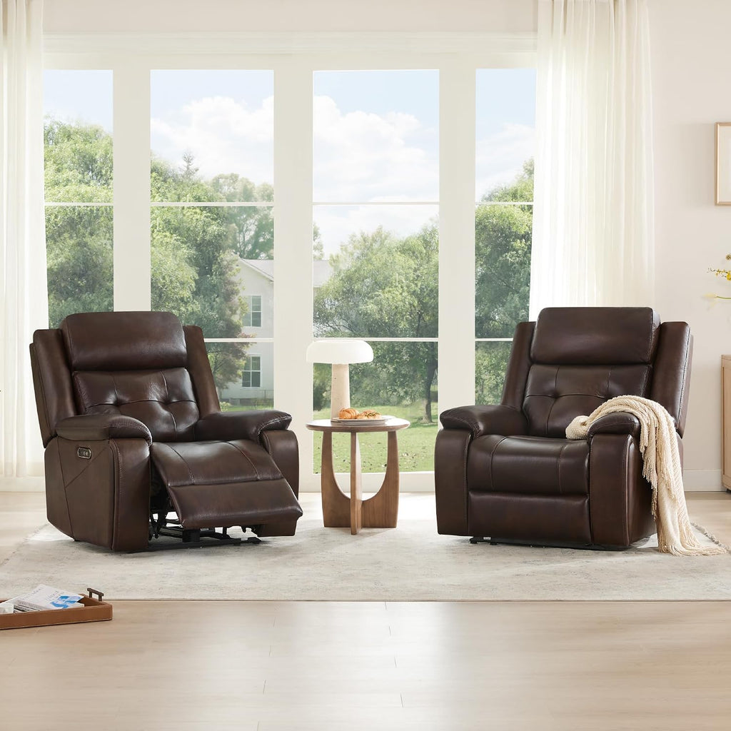 Genuine Leather Power Recliner Chair for Adults, Wall Hugger Recliner with Power Headrest, Cup Holders & Charging