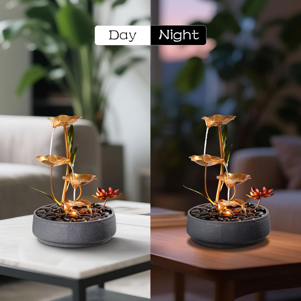 Indoor Tabletop Fountain Exquisite Meditation Desk Water Fountain Decorative Zen,4-Tier Lotus Desk Fountain, Decor
