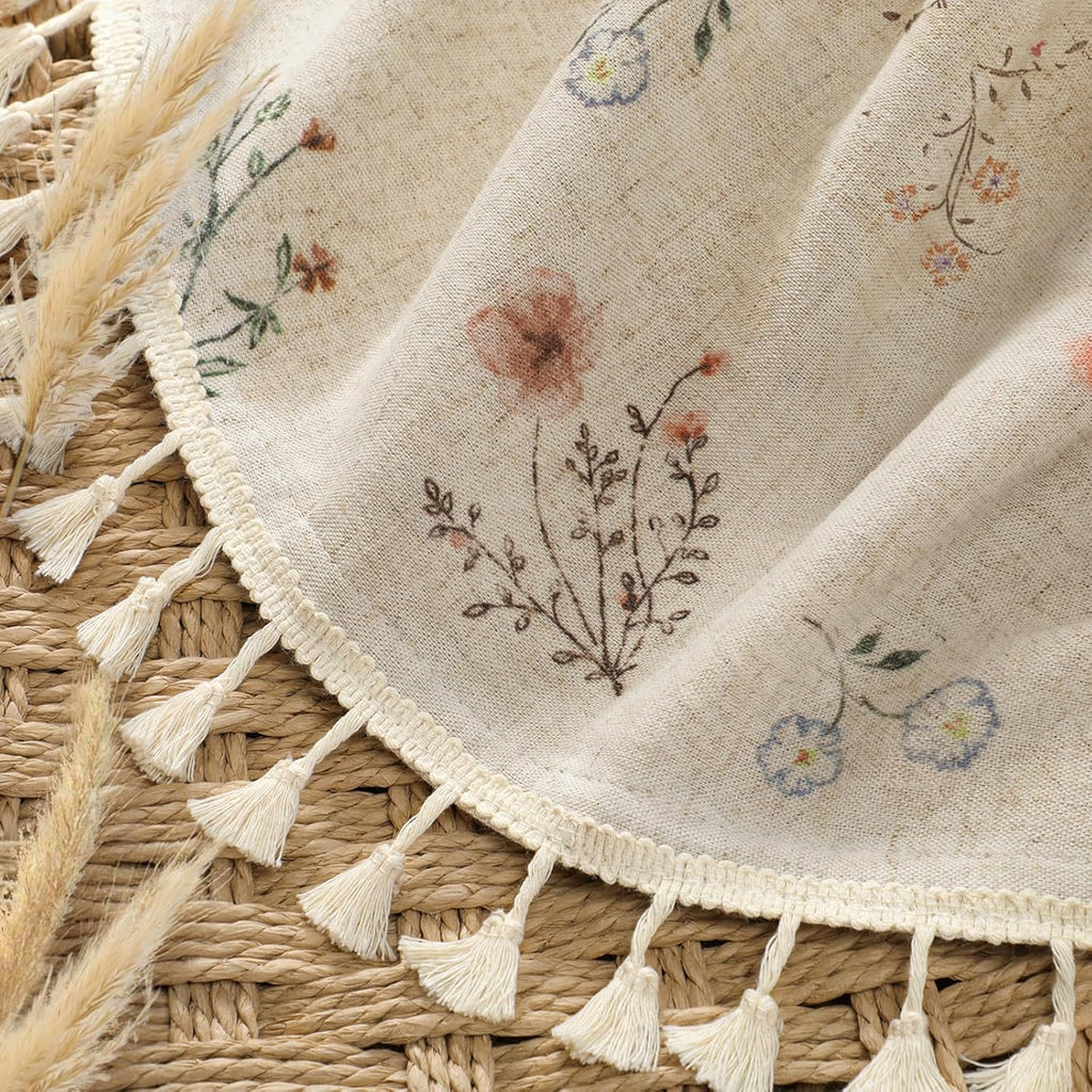 Boho Floral Spring Semi Sheer Curtains 2 Panels Set, Linen Texture Farmhouse Light Filtering Curtains