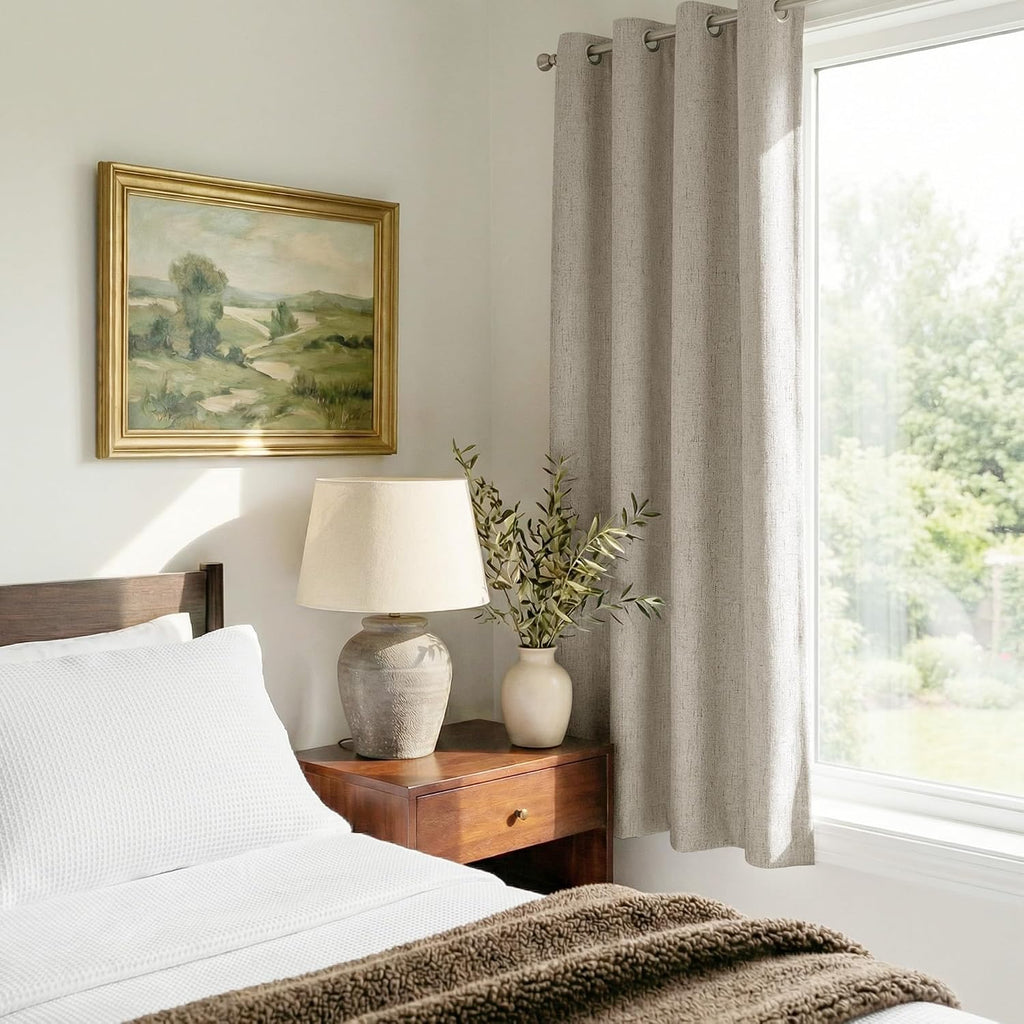 100% Blackout Linen Ivory Curtains 72 inch Length, White Liner Composite Grommet Bedroom Window Treatments Relax Home