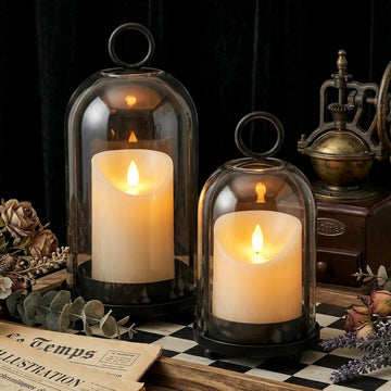 Hurricane Candle Holders Set of 2-10" & 7.8" Black Metal Base with Glass Dome, Includes 2 Pillar Candles, Hanging or