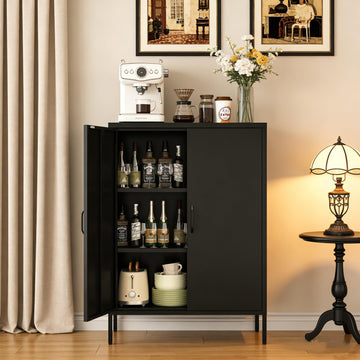 Metal Locker Cabinet, Black Storage Cabinets with 2 Doors and Adjustable Shelves, 3 Tier Modern Storage Freestanding