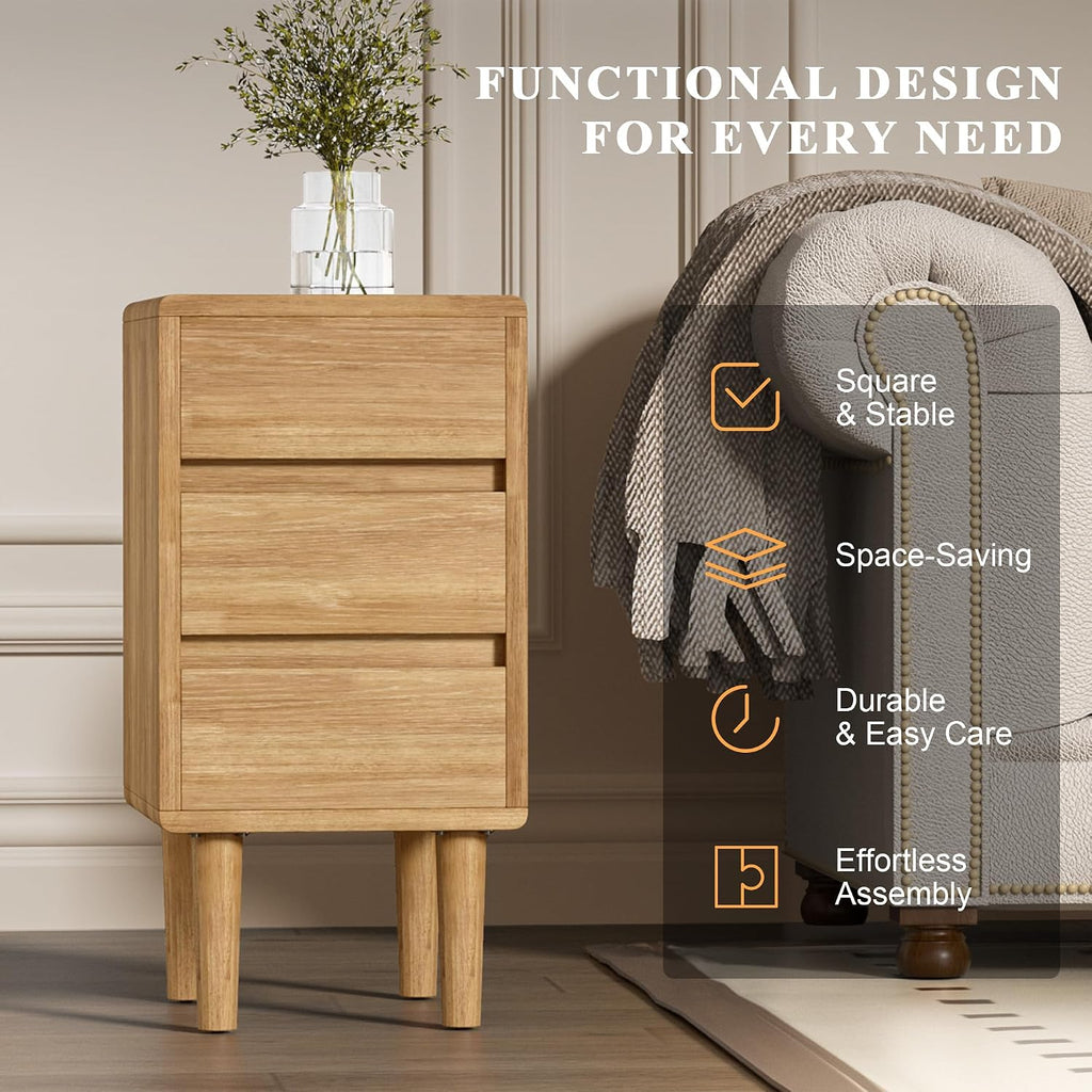 Nightstand with 3 Drawers Narrow Night Stand Solid Wood Bedside Table Mid Century Modern Nightstand Wooden End Table