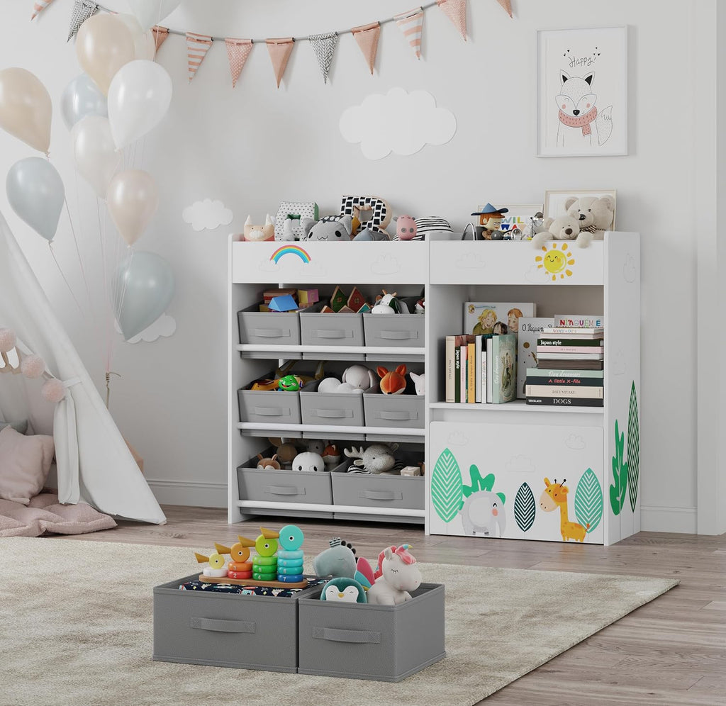 Kids Bookshelf, Toy Storage Organizer with Movable Toy Chest | Toddler Montessori Bookshelf with 10 Fabric Bins