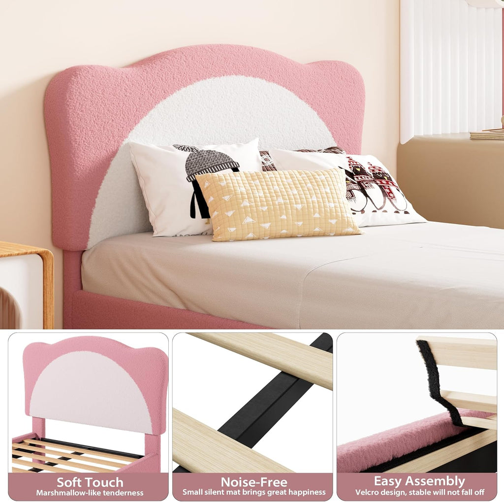 Twin Size Bed Frame for Kids - Cute Velvet Princess Platform Bed with Upholstered Headboard for Girls/Boys, Solid
