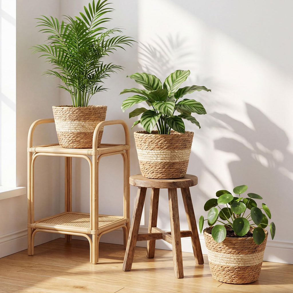 4 Pcs Straw Plant Baskets Indoor Rattan Woven Flower Baskets with Plastic Liner, Cattail Plant Planter for Indoor