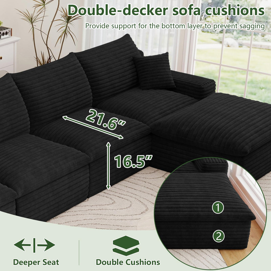 136" Cloud Couch Modular Sectional Sofa, U-Shape Boneless Couch with Deep Seat, Modern Corduroy 5-Seater with