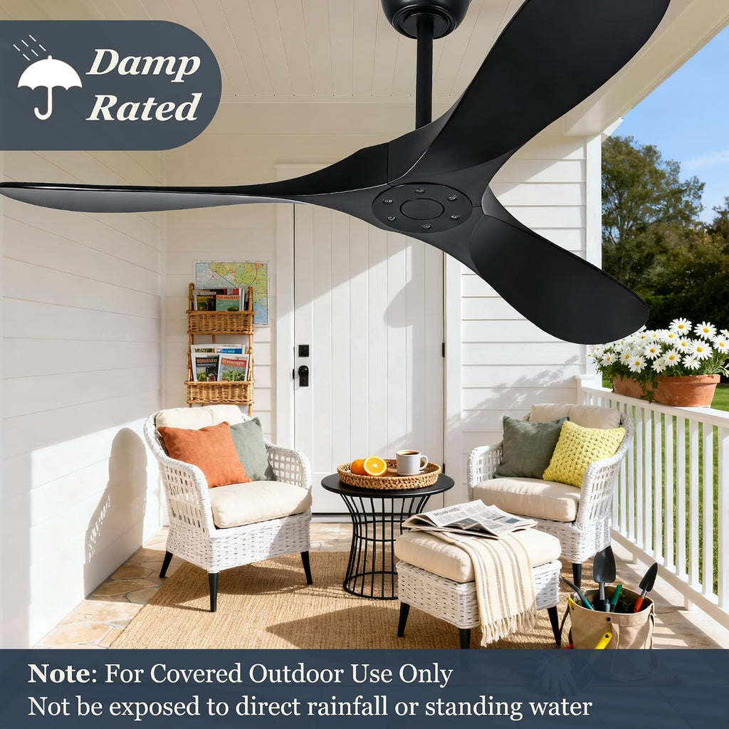 Inspired Maverick Style 72 Inch Solid Wood Ceiling Fan with Remote Control,Black Indoor/Outdoor Wooden Ceiling Fan,3-Blade Rustic Ceiling Fans for Patio,Living Room,6-Speed Silent Reversible DC Motor,No Light,Damp Rated
