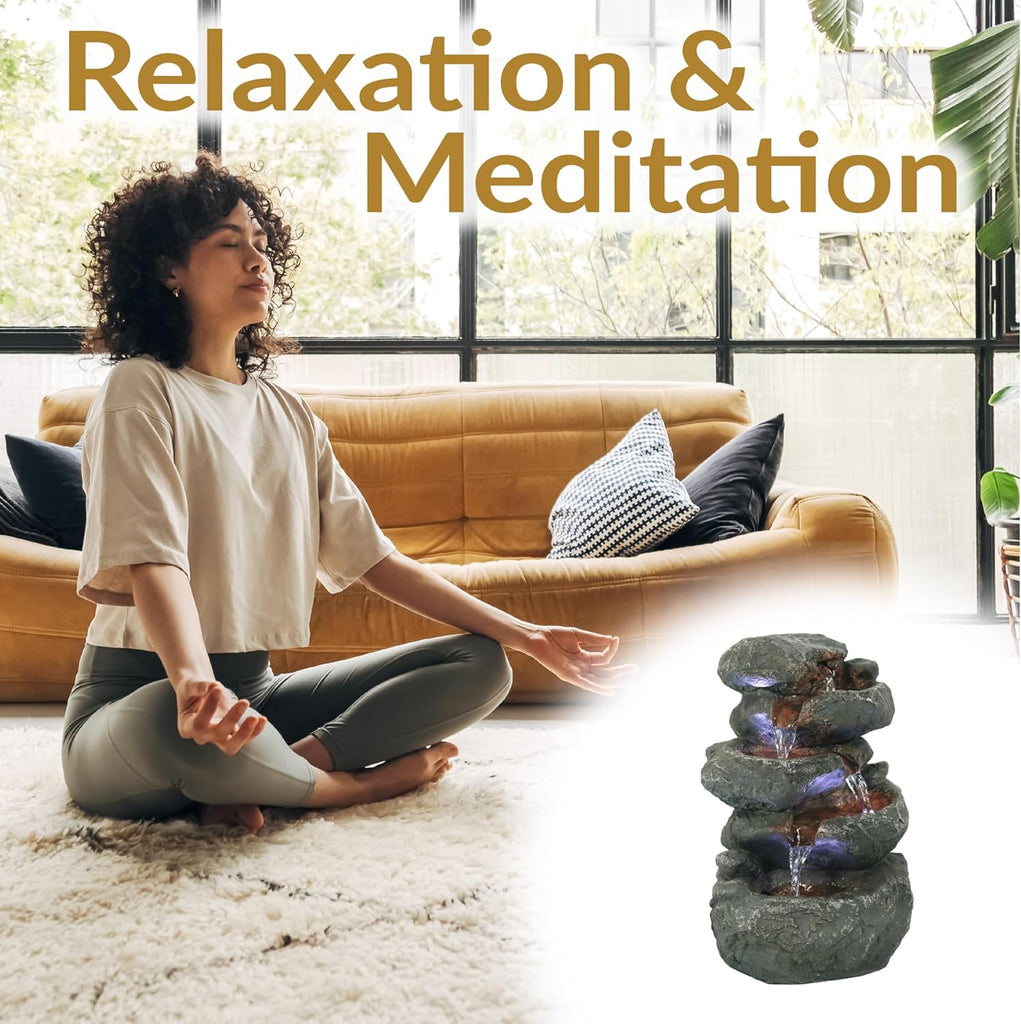 Tabletop Water Fountain - Stacked Rocks 10.5 Inch Relaxing Desktop Water Fountain with LED Lights