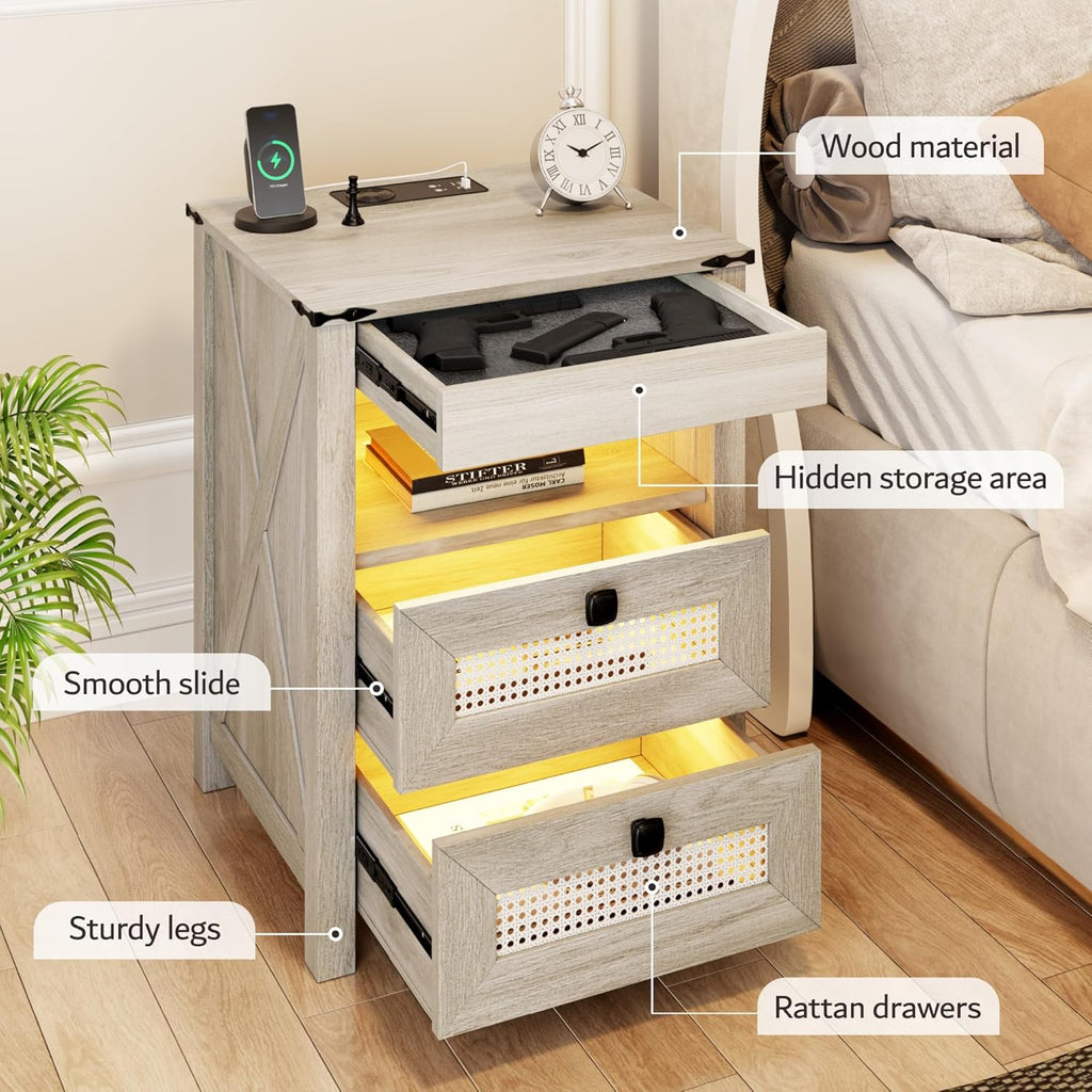 LED Bedside Table Set of 2 with Charging Station | Night Stand with Gun Drawers, LED Human Sensor Light, Farmhouse