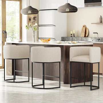 26" H Counter Height Bar Stools Set of 3, Modern Barrel Counter Stools with Backrest and Arms, Linen Fabric