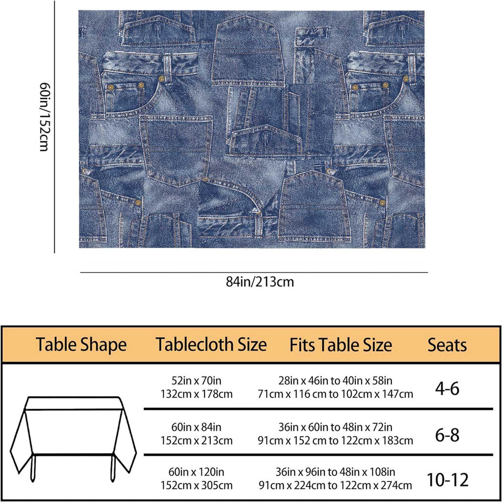 Denim-Style Indigo Rectangle Tablecloth - 60x84 Inch (6-8 Seats) Polyester Decorative Cover for Dining, BBQ, Picnic