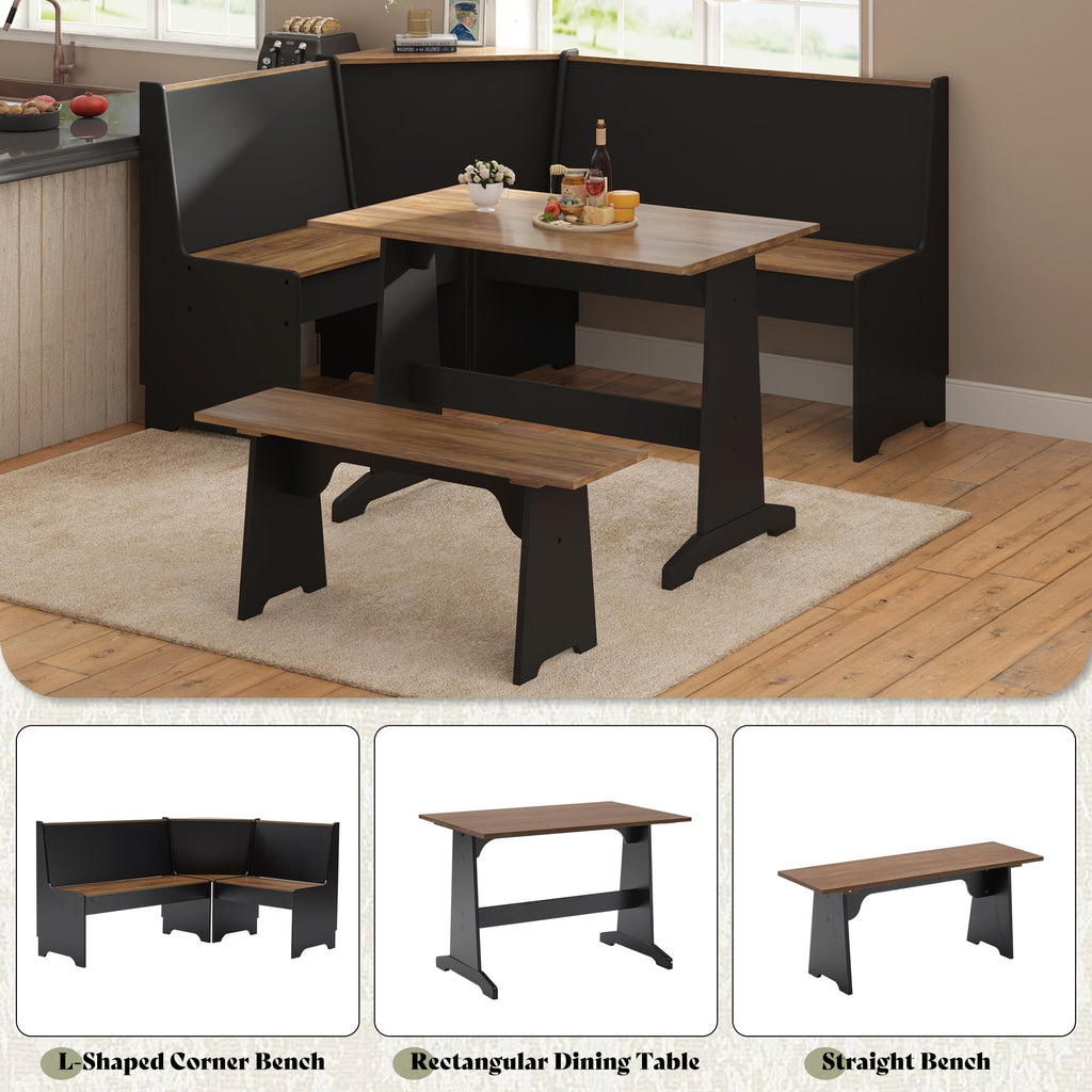 3-Piece Breakfast Nook Dining Set with Storage, Black Oak