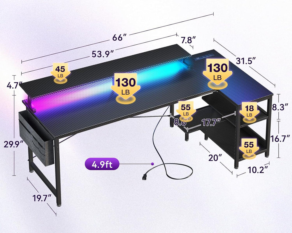 ODK 66 Inch L Shaped Gaming Desk with LED Lights, Power Outlets, Black