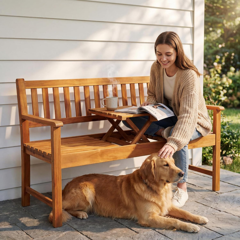 Acacia Wood Outdoor Bench, 2-Person Garden Bench with Pull-Out Table | Sturdy Patio Bench Porch Bench, Wooden Bench