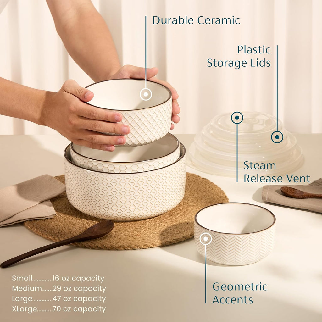 Serving Bowls, with Lids, Ceramic Nesting Bowls, Set of 4, Embossed, Kitchen, Prep, Stackable, Gift, Microwave and