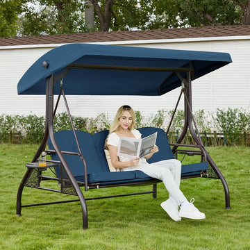 3 Seat Outdoor Patio Porch Swing with Stand and Adjustable Canopy | 3 in 1 Chair Swing Bed, 180° Recline, Heavy Duty