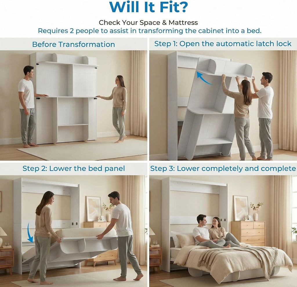 Queen Wall Murphy Bed with Storage Shelf, Queen Wall Beds Cabinet Murphy Beds with Bookshelf, Top Cabinet Bedframe