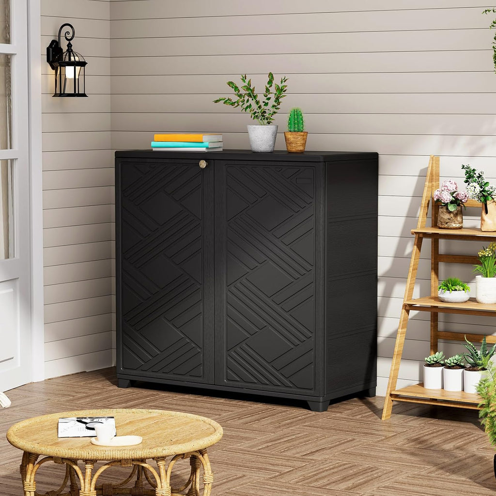 Indoor/Outdoor Storage Cabinet Waterproof, 34"x15"x34" Plastic Outdoor Storage Box for Garden Balcony Bathroom, All