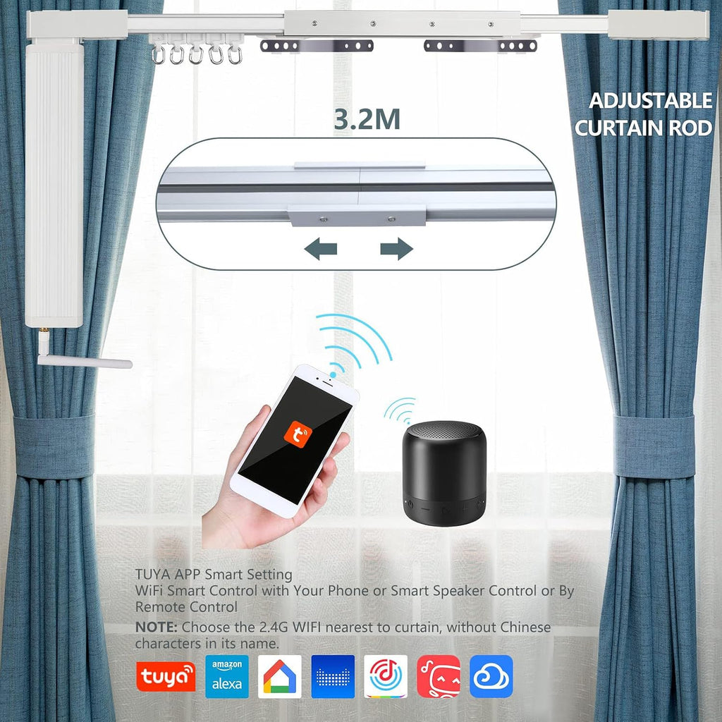 Smart Curtain Tracks WiFi Control by Phone, Support Voice Control for Alexa, Google Home, Tuya App Remote Automated