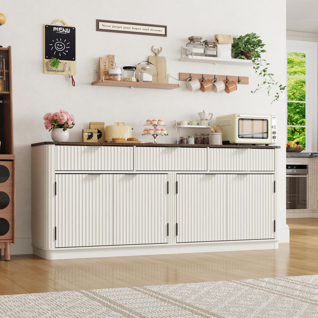 70" Rounded Edge Large Sideboard Buffet Cabinet with 3 Storage Drawers, Farmhouse Kitchen Fluted Sideboard Cabinet w 4