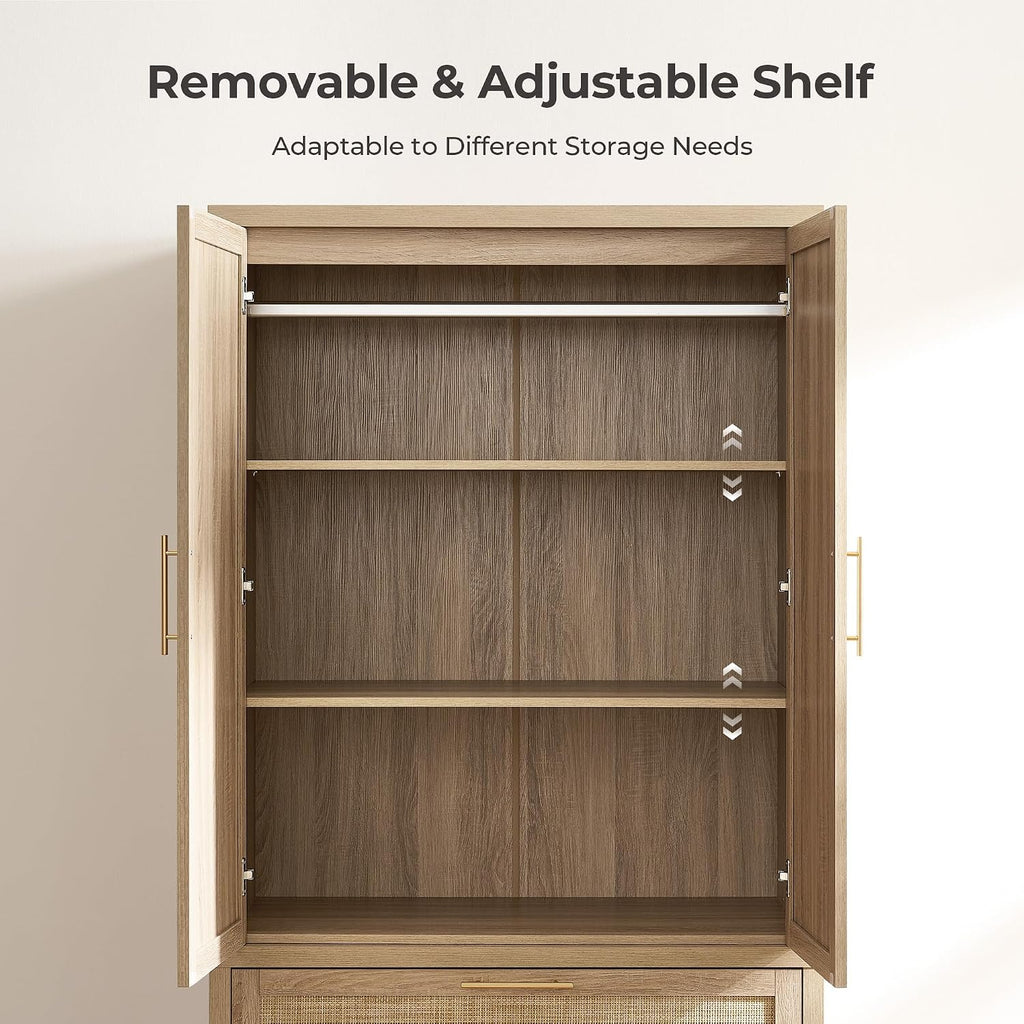 71 inch Rattan Wardrobe Closet : Armoire Wardrobe with Drawers | Farmhouse Boho Storage Cabinet with Hanging Rod