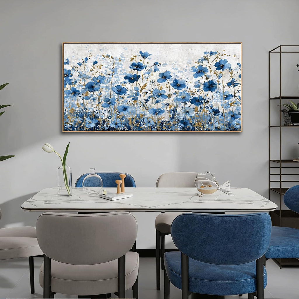 Floral Canvas Wall Art Blue & Gold Framed Flower Print Ready to Hang Modern Boho Decor Bedroom Dining Room