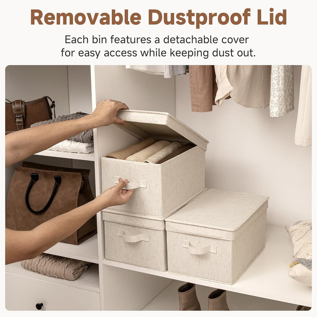 Fabric Storage Bins with Lids, Decorative Storage Bins with Soft Handles, Foldable Storage Baskets for Closet