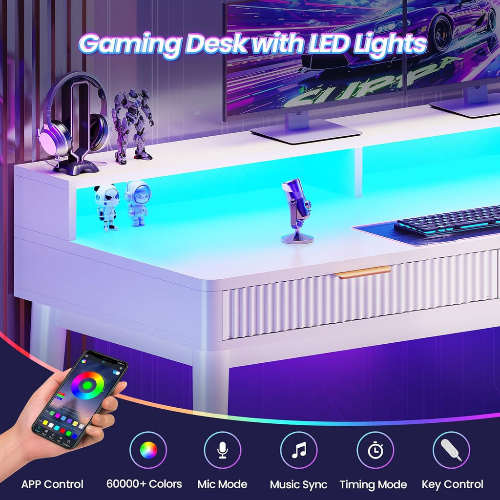 Office Desk with 4 Storage Drawers, 59" Fluted Wood Gaming Computer Desk with LED Lights and Power Strip