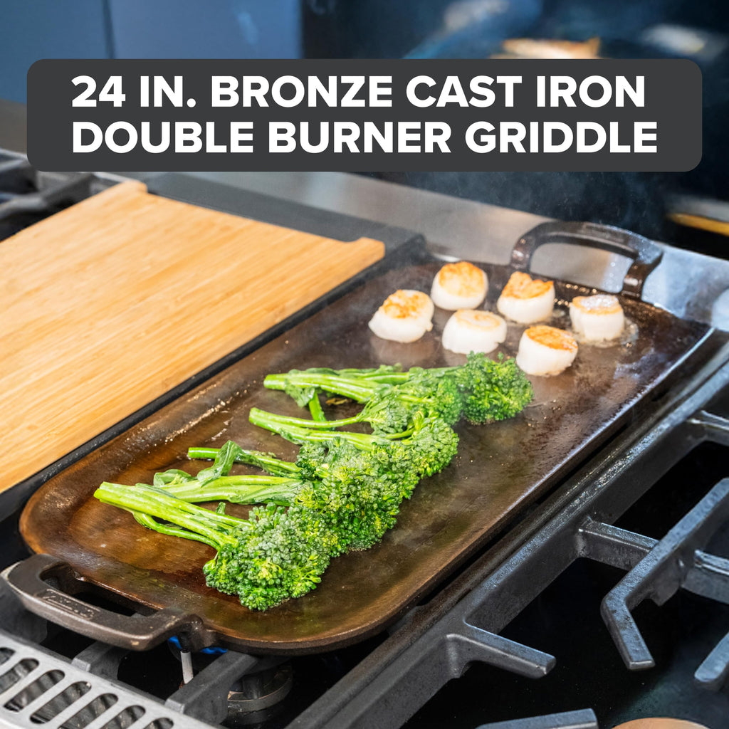 Nonstick Double Burner Griddle, 24 Inch Bronze Cast Iron Grill Pan, Made without PFAS, Induction Compatible, Oven