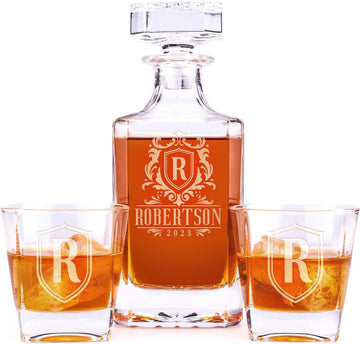Personalized Whiskey Decanter Set - 5 Design Options - Custom Liquor 25 oz, 750ml Liquor Decanter w/Whiskey Glass Set